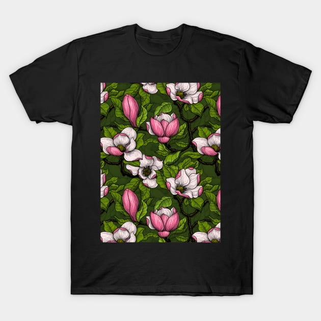 Blooming magnolia on dark green T-Shirt by katerinamk